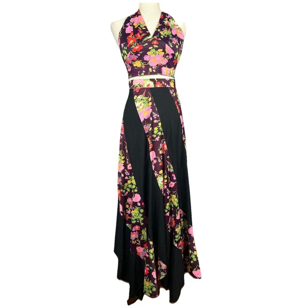 Vintage 70s Pinwheel Floral Two Piece Halter Top Maxi Skirt Set XS/S‎ Mod GoGo